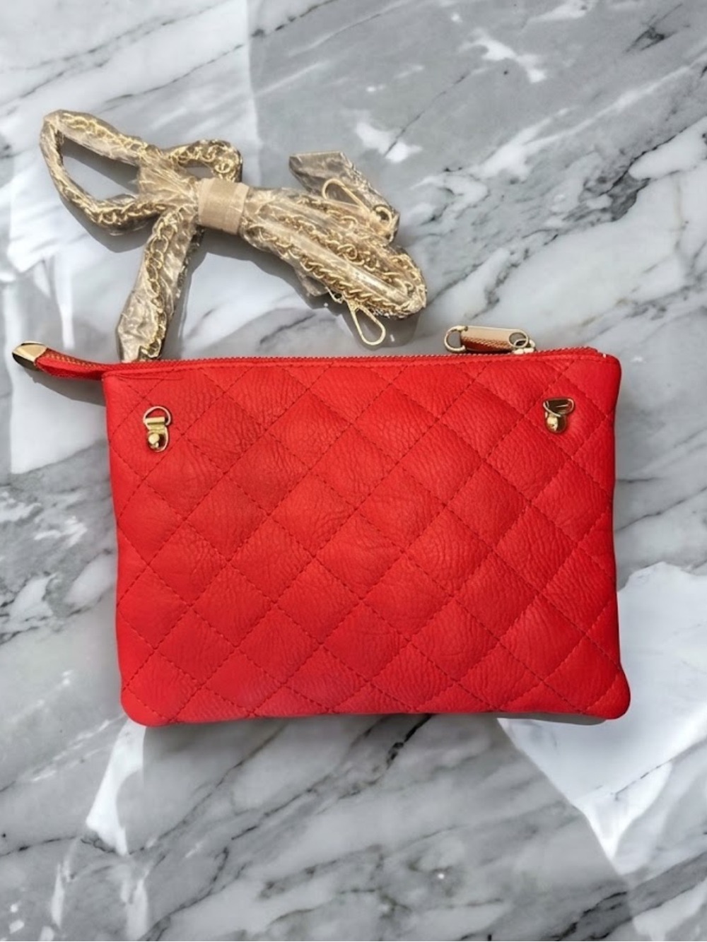 Quilted Red Crossbody Bag with Gold Chain Strap